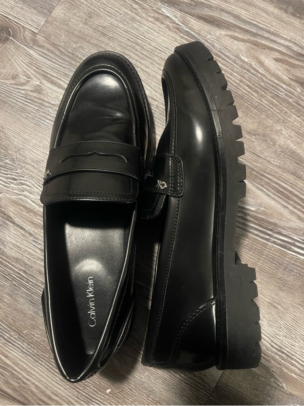 Calvin Klein Black Leather Lug Sole Penny Loafers